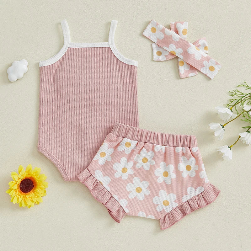 Toddler Girl Summer Outfit Floral Embroidered Sleeveless Bodysuit Elastic Waist Ruffle Shorts Headband 3 Piece Set for Baby Girl