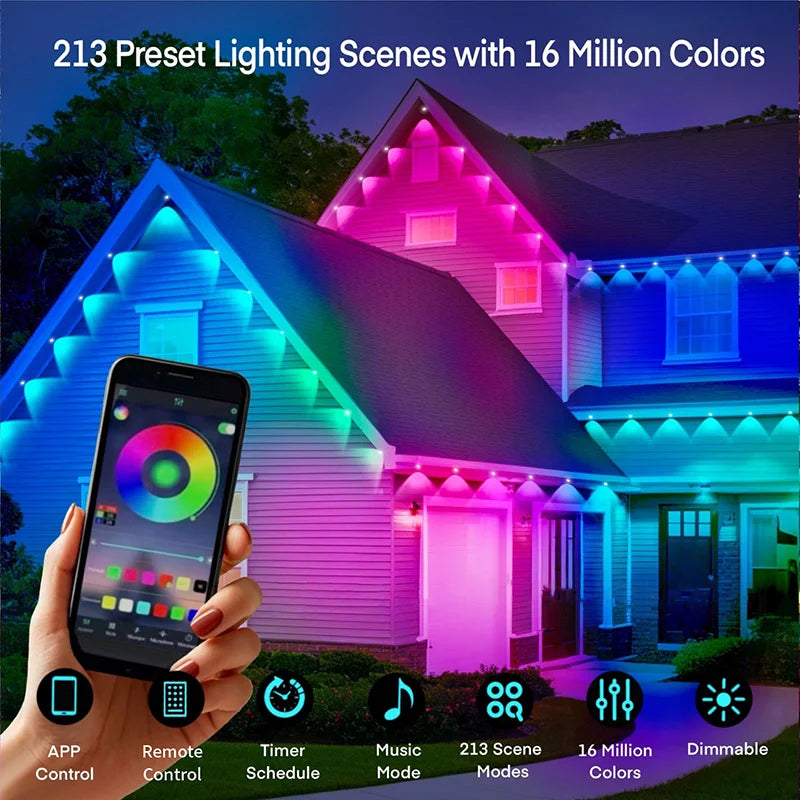 RGB Eaves LED Lights 45M 15M 30M 60M 90M Smart Bluetooth APP Permanent Outdoor Waterproof IP68 LED String Party Wedding Light