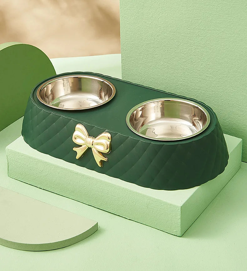 Double Pet Bowl for Cats & Dogs – Bow-Tie Design, Stainless Steel Food & Water Feeder with PP Base