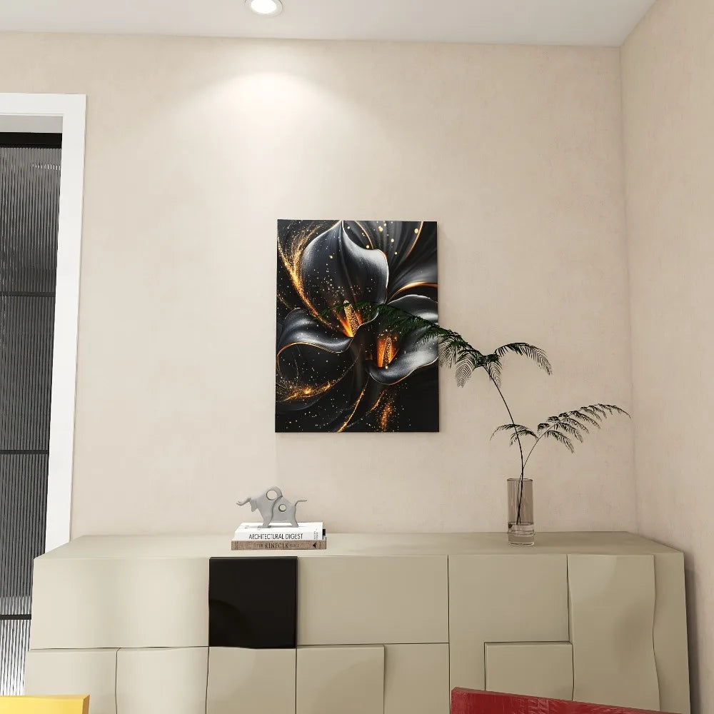 1.5 inch thick pine frame canvas art - black and gold metal calla lily design,modern wall trim, suitable for interior decoration