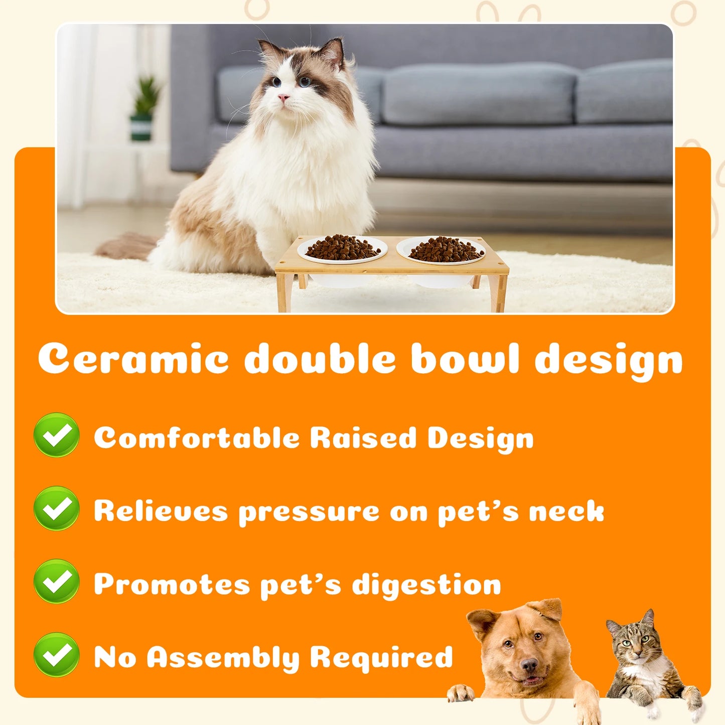 Double Ceramic Pet Bowl with Bamboo Stand – Elevated Food & Water Bowls for Dogs & Cats
