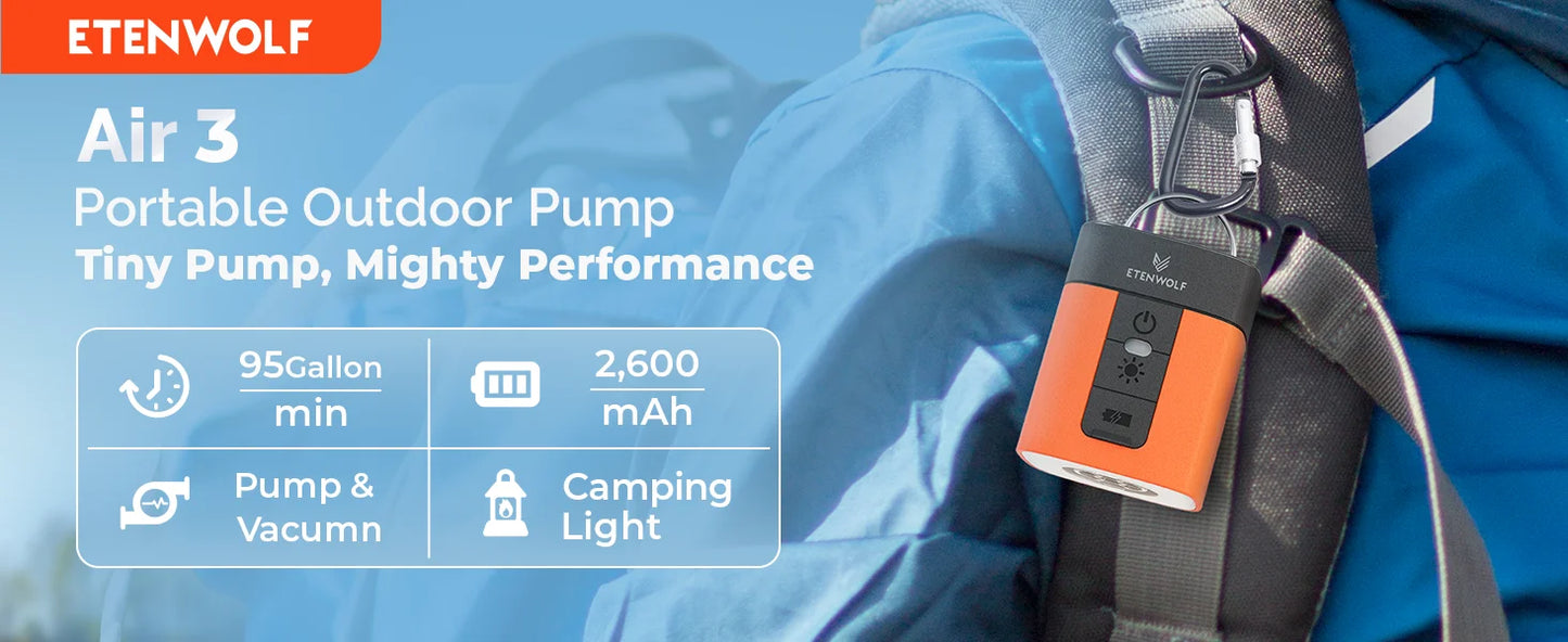 ETENWOLF AIR 3 Electric Air Pump 2600mAh Battery & Light Portable Camping Pump for Air Mattress Sleeping Pads Pool Floats