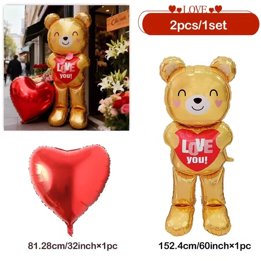 Large 60inch Standing Heart Bear Balloon Valentine's Day Party Decoration Photography Props Room Decoration Foil Balloon