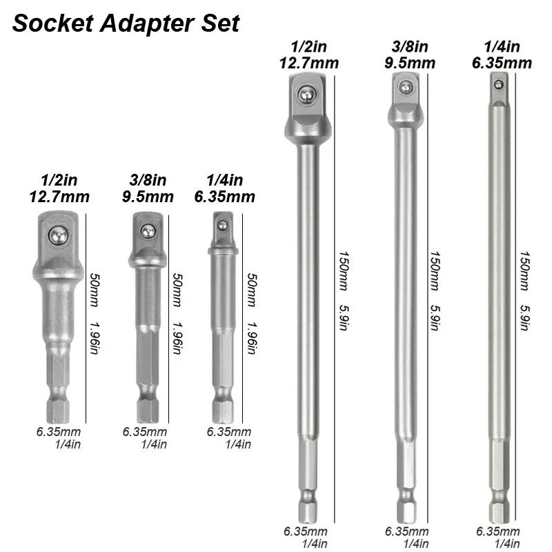 1/4 Hex Shank Convert Socket Adapter for Impact Drill to Wrench Driver Square Converter Bit Conversion Joint Extension Rod Set