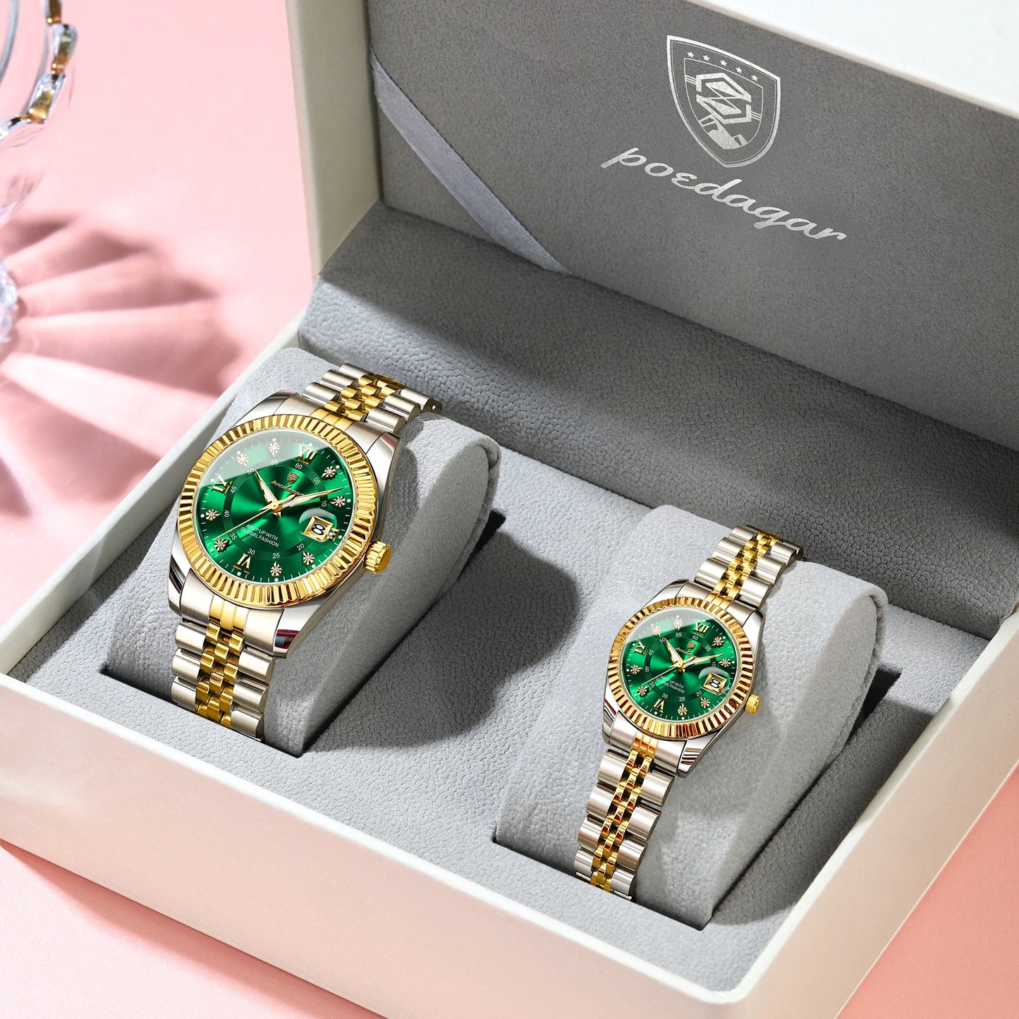 POEDAGAR Top Luxury Couple's Watches Luminous Date Classic Watches For Couple Quartz Stainless Steel Couple Watch Lovers Set+Box