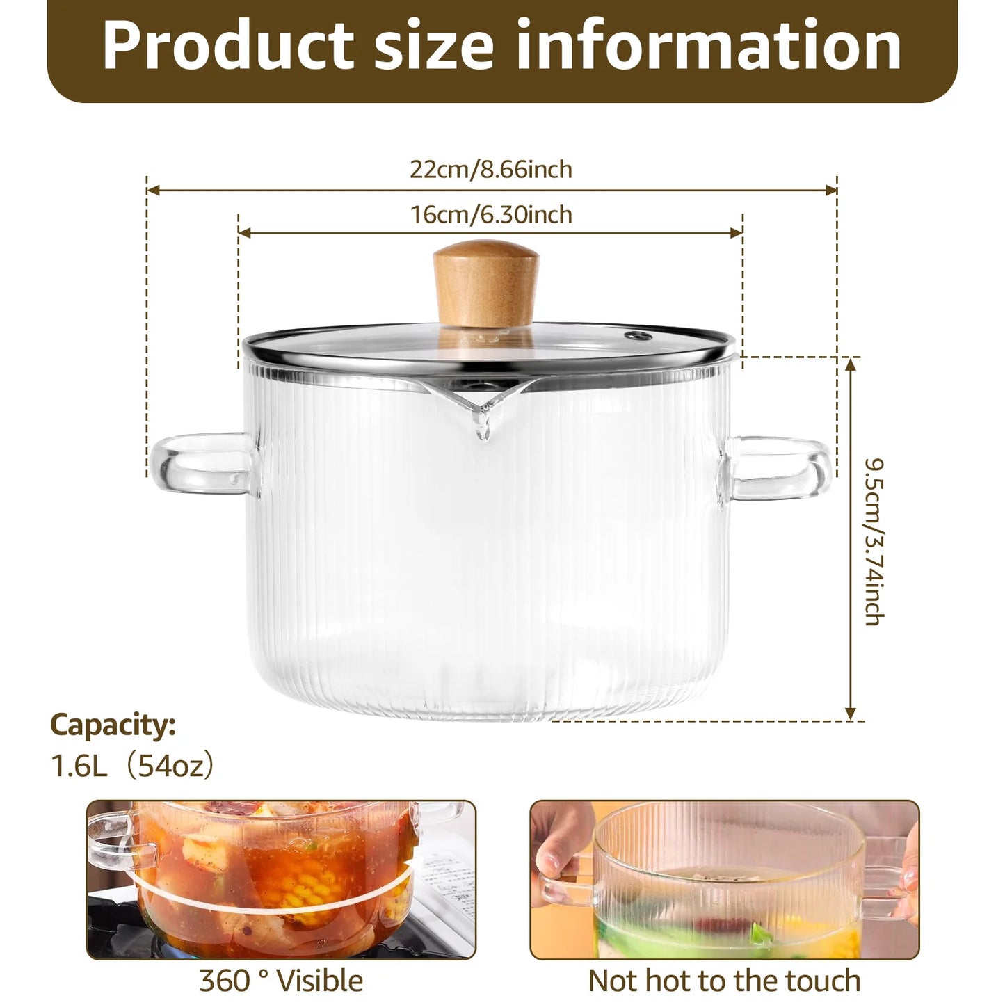 Clear Glass Cooking Saucepan Pot with Lid Heat Resistant Glass