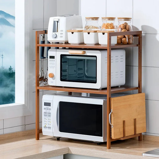 Kitchen Shelf Countertop Double Microwave Oven Shelf Desktop Seasoning Oven Storage Rack Bamboo Solid Wood