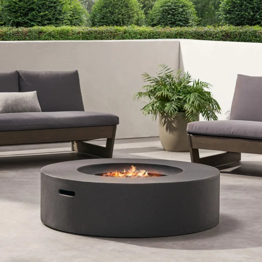Lightweight Concrete Outdoor Circular Fire Pit Dark Gray 50 000 BTU Tank Cover not Included