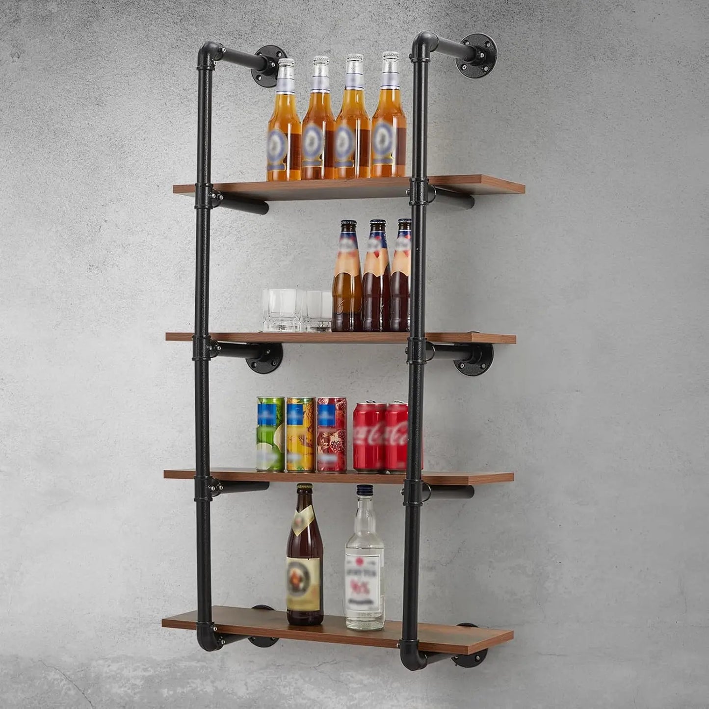 4 Tier Industrial Pipe Shelving Wall Mounted, 30in Rustic Metal Floating Shelves, Steampunk Real Wood Book Shelves, Wine Shelf