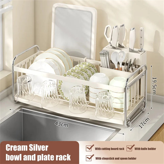 Kitchen Dish Draining Rack Steel Cutlery Rack with Drain Tray Cup Cutlery Holder Plate Rack Kitchen Countertop Storage Rack