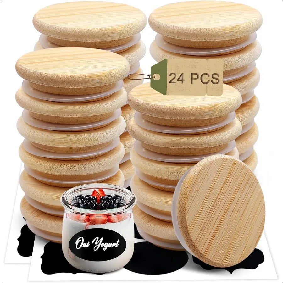 Oui Yogurt Jar Lids Leak Proof Wooden Lids Set with Silicone Sealing Rings Reusable Natural Bamboo Canning Lids Covers with Bot