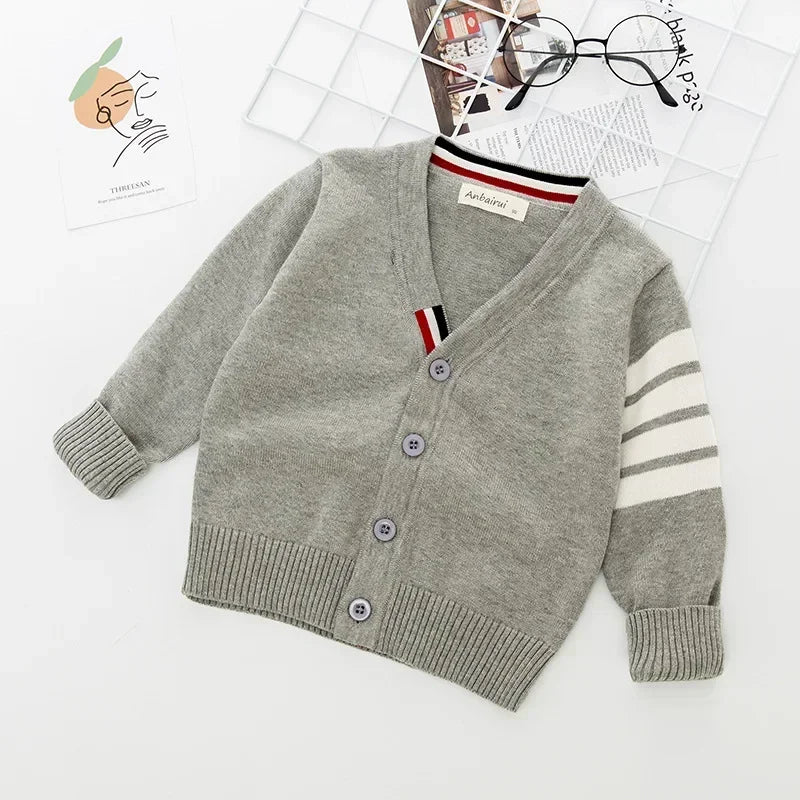 Kids Striped Knit Cardigan – Soft Cotton V-Neck Sweater for Boys & Girls, Warm Autumn Winter Knitwear