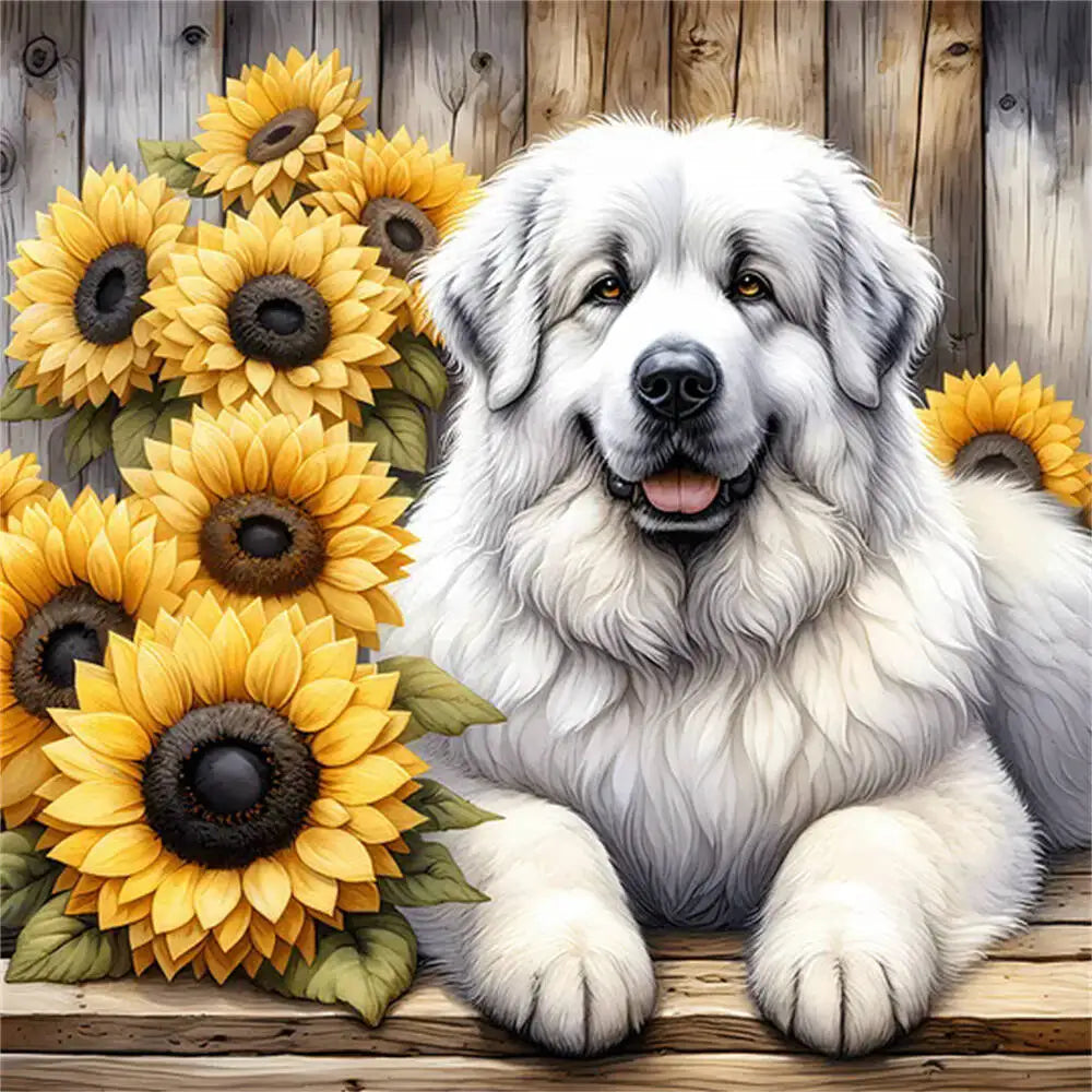 Huacan Diamond Mosaic Dog Animal Sunflower Flower Full Round Square Diamond Painting New Picture For Living Room Home Decoratio