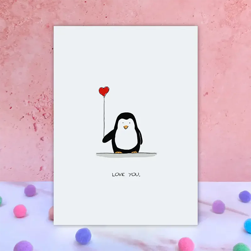 1pc Greeting cards, fun and creative, for family and friends, suitable for any occasion, penguins holding love balloons