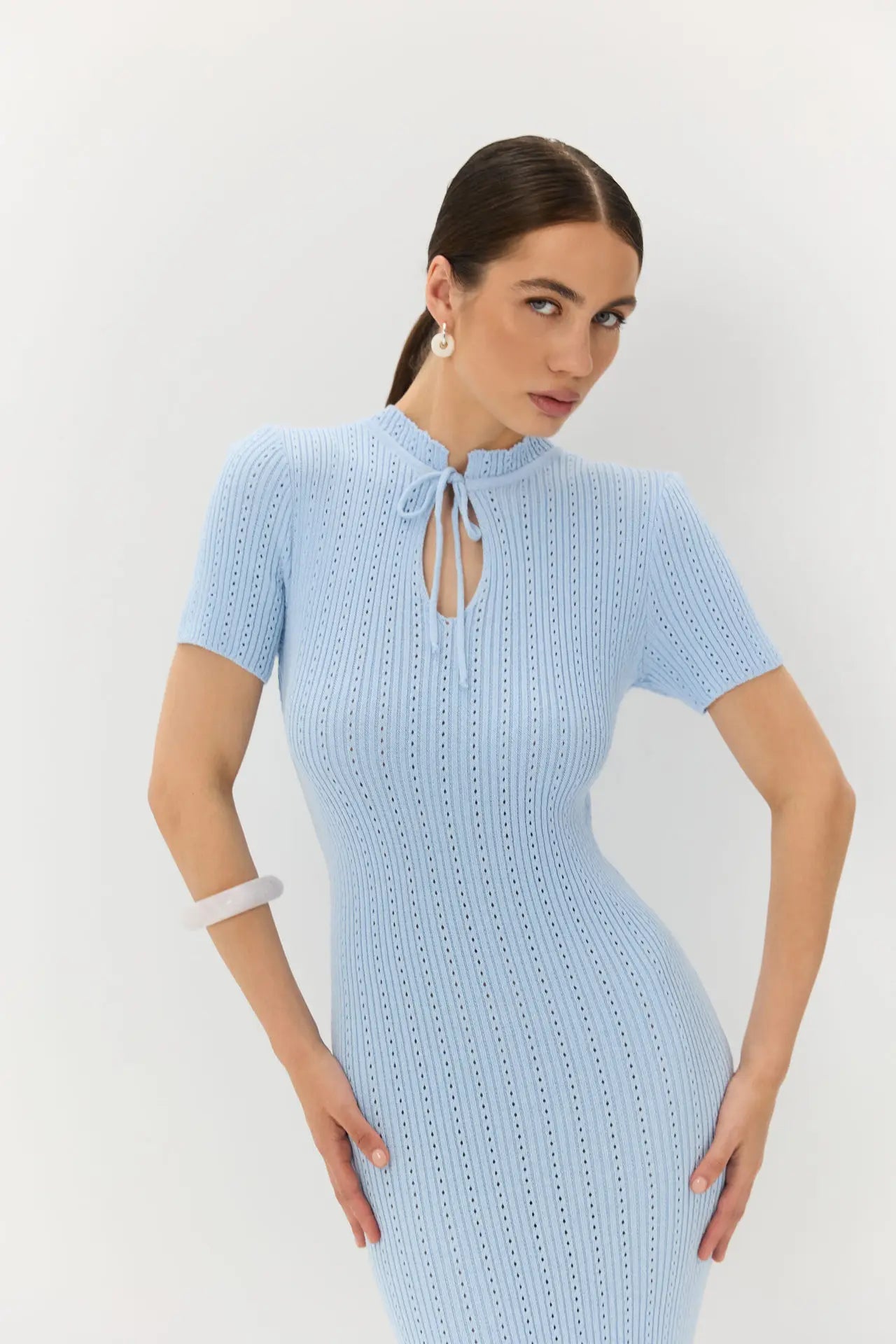 Tossy Women's Knit Lace-Up Dress – Hollow-Out Ribbed Short Sleeve, Patchwork High-Waist Elegant Long Dress