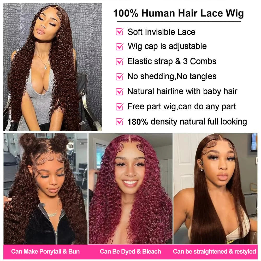 Curly Wig 13x4 Chocolate Brown Lace Front Wig 13x6 HD Transparent Lace Frontal Wig Colored Water Wave Human Hair Wigs For Women