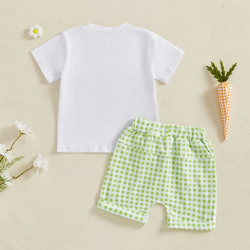 Adorable Infant Boys Summer Outfits Embroidered Round Neck Tee and Shorts Set for Easter Celebrations - 2 Piece Set