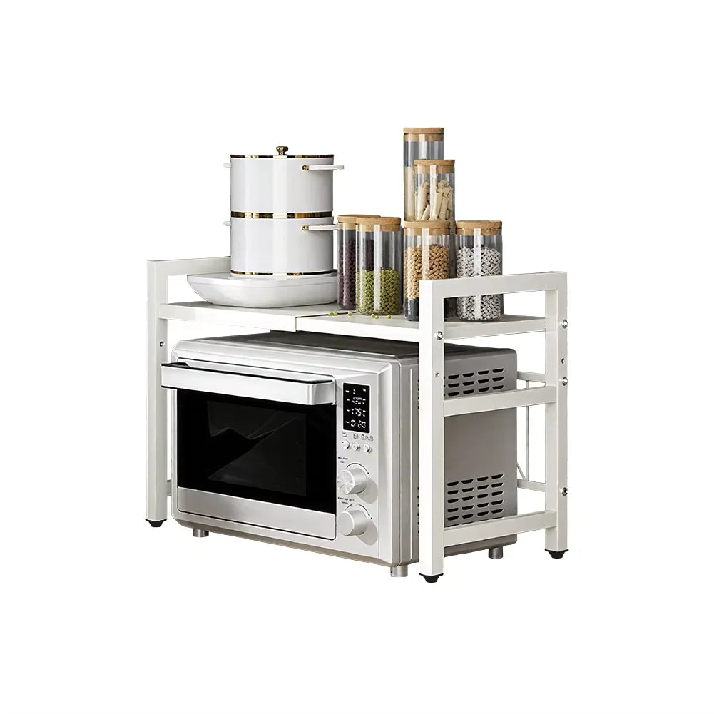 Adjustable Space-Saving Microwave Rack – 100kg Capacity, Kitchen Shelf with Hooks & Storage Organiser (Black)