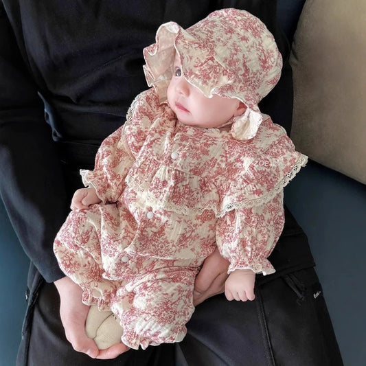 Baby Girl 100%Cotton Spring & Autumn Romper with Hat - Cute Printed Lace Trim Onesie Christmas Cozy & Breathable Jumpsuit