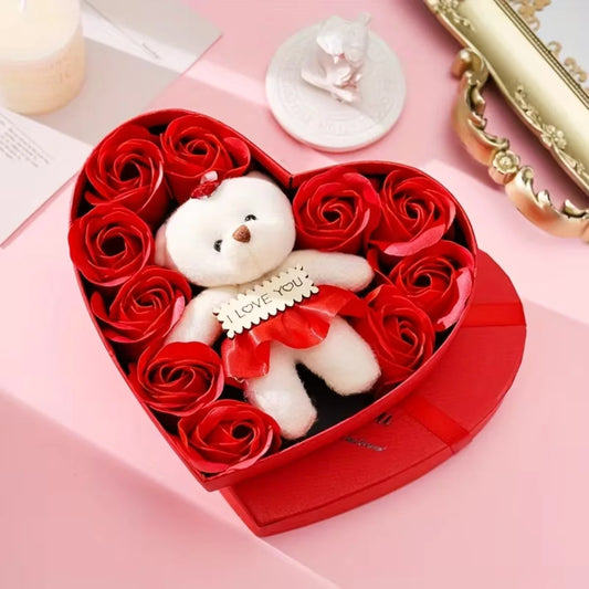 10 Artificial Flowers Valentines Day Gift for Her Rose Gift Box with Cute Bear Romantic Mothers Day Wedding Home Party Decor