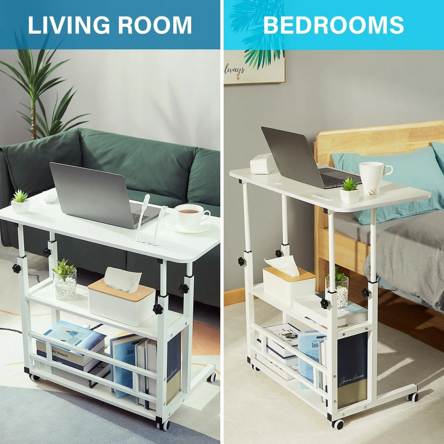 Adjustable Height Student Computer Desk with USB Port, Mobile Portable Bedside Table with Storage, 31.5" Standing Desk for Sofa