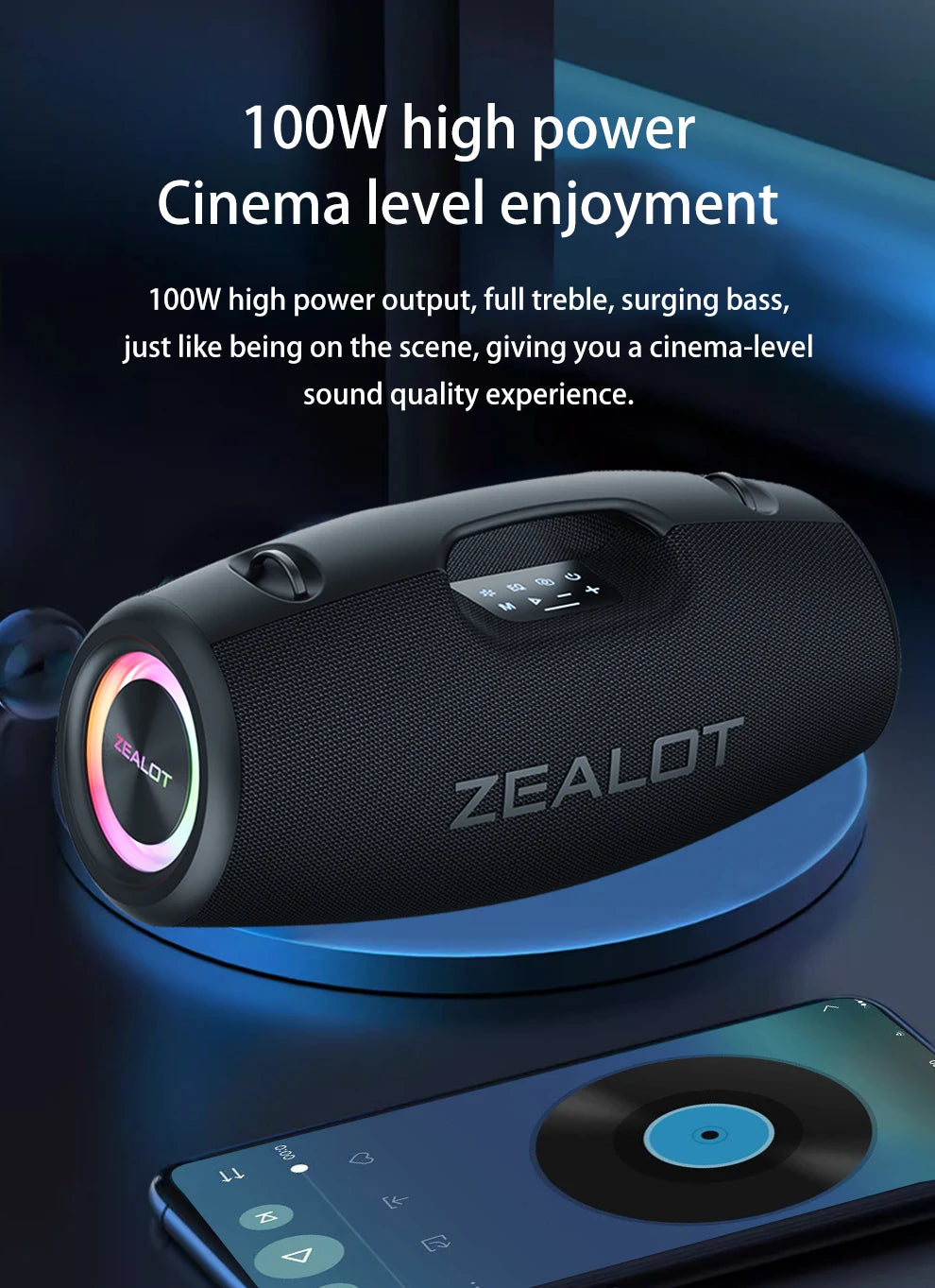 Zealot S78 100W Wireless Speakers, DSP Technology ,Dream Light, Outdoor Portable Subwoofer Speaker , Dual Pairing,24000mAh.