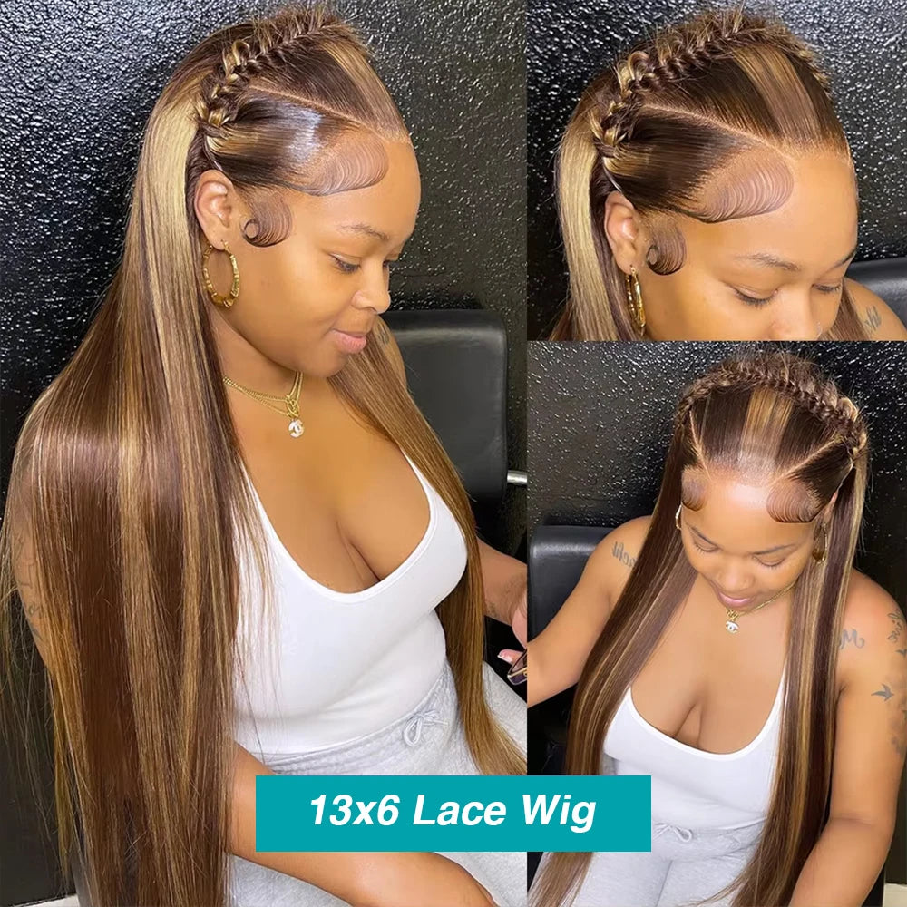 Highlight Ombre 13x6 Lace Front Wigs Human Hair Pre Plucked 200Density Straight HD Lace Frontal Wigs for Women 4/27 Honey Blonde