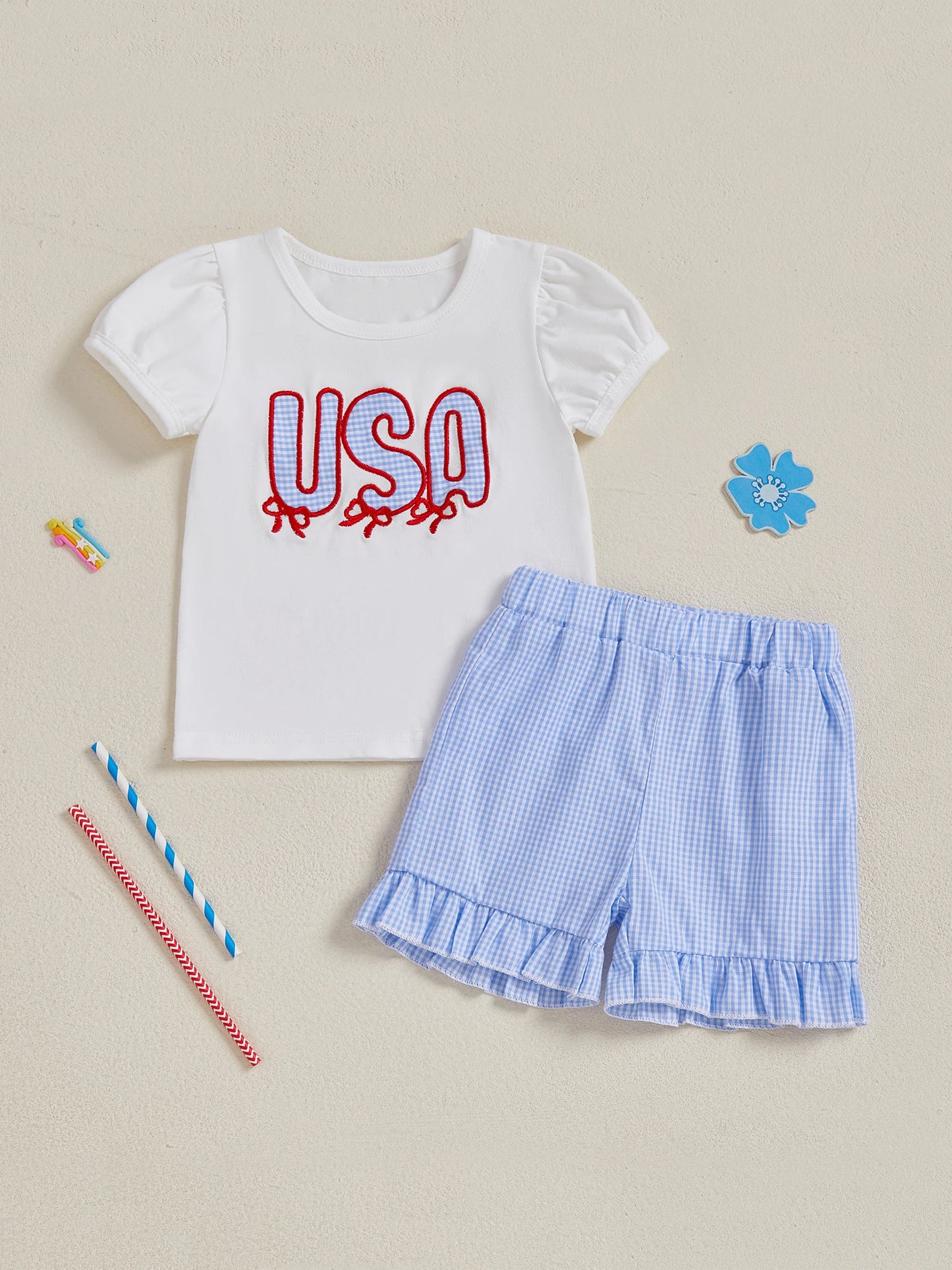 Girls American Flag Print Sleeveless Dress and Denim Jacket Set Adorable 2 Piece Outfit for Independence Day Celebrations