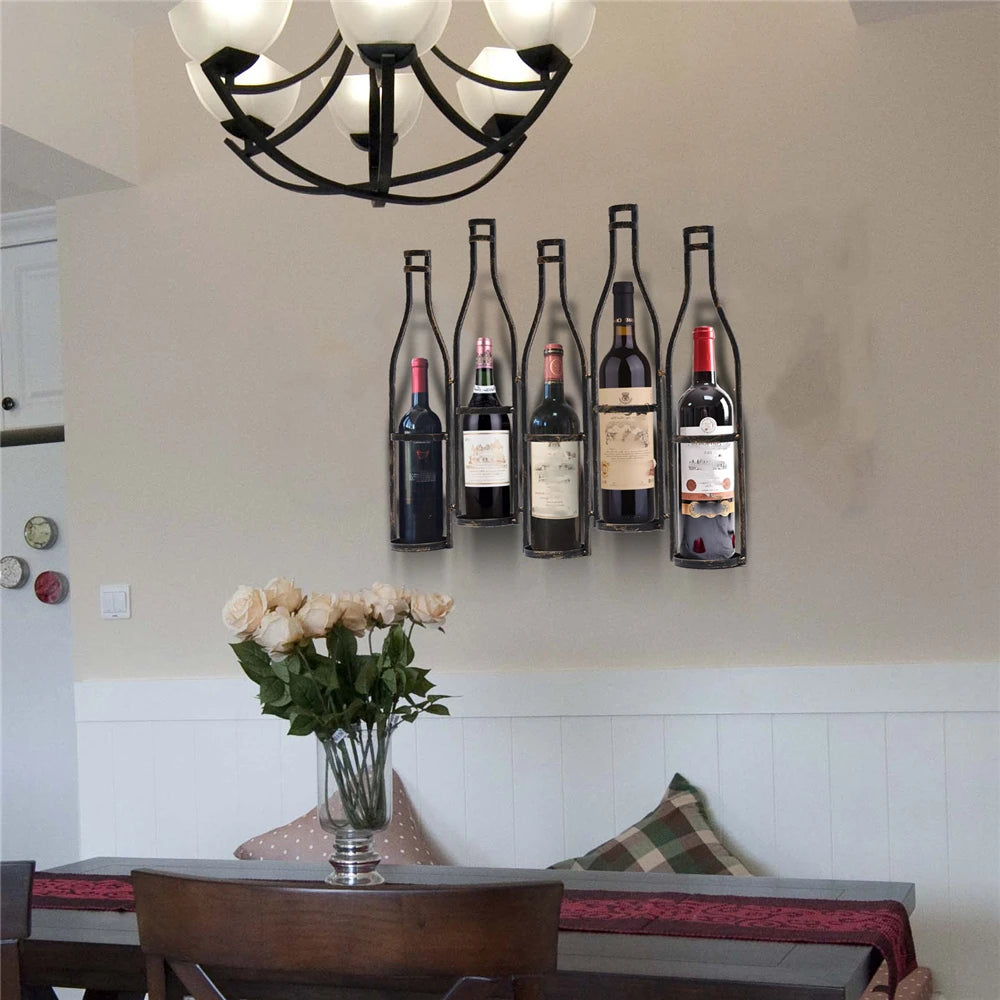 Bronze Vintage Five Bottle Wall-Mounted Wine Rack for Kitchen, Dining Room, Wine Cellar