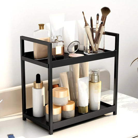 2 Tier Under Sink Organiser Sliding Cabinet Basket Organiser Storage Rack with Hooks Hanging Cup Bathroom Kitchen Organiser