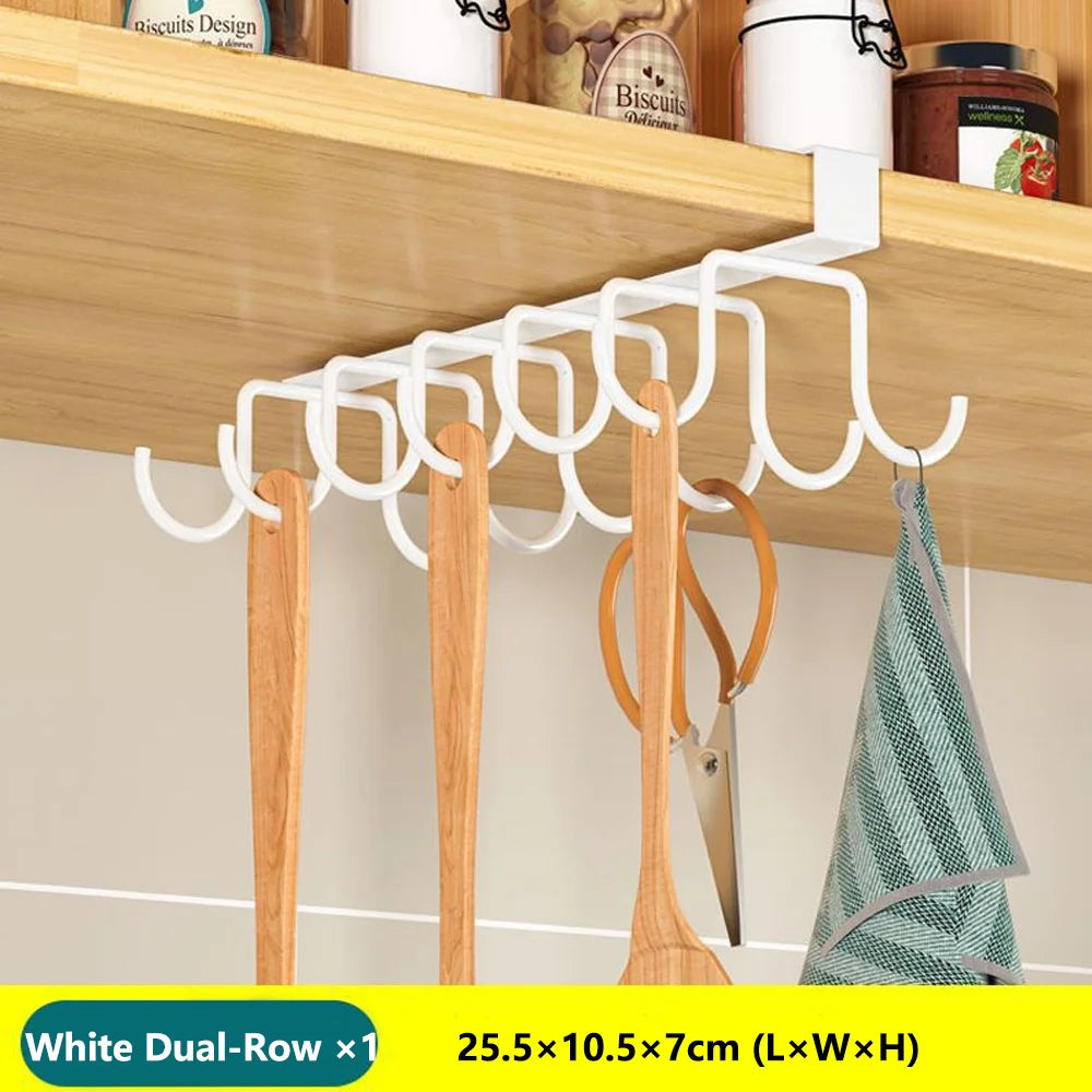 Kitchen Under Cabinet Hanging Organiser Rack with Hooks Multi-Purpose Holder for Paper Towel Cutting Board & Pot Lids