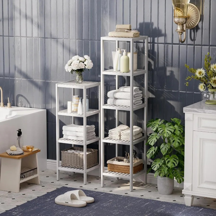 Bathroom Storage Shelf 5Tier Bamboo Rack Organizer Multifunctional Shelving Unit for Living Room Bedroom Kitchen White