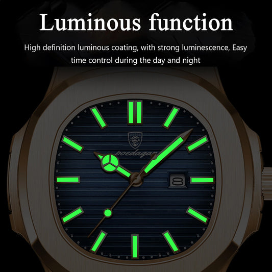POEDAGAR Top Classic Men Wristwatch Waterproof Luminous Date Square Watch For Man Stainless Steel Sport Men's Quartz Watches+Box