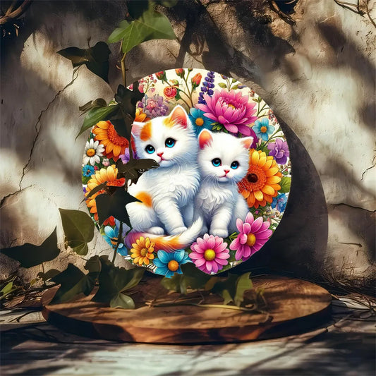 Charming Kitten & Floral 7.8" Metal Wall Art - HD 2D Printed, Durable for Indoor/Outdoor - Great Gift for Home, Garden, Porch