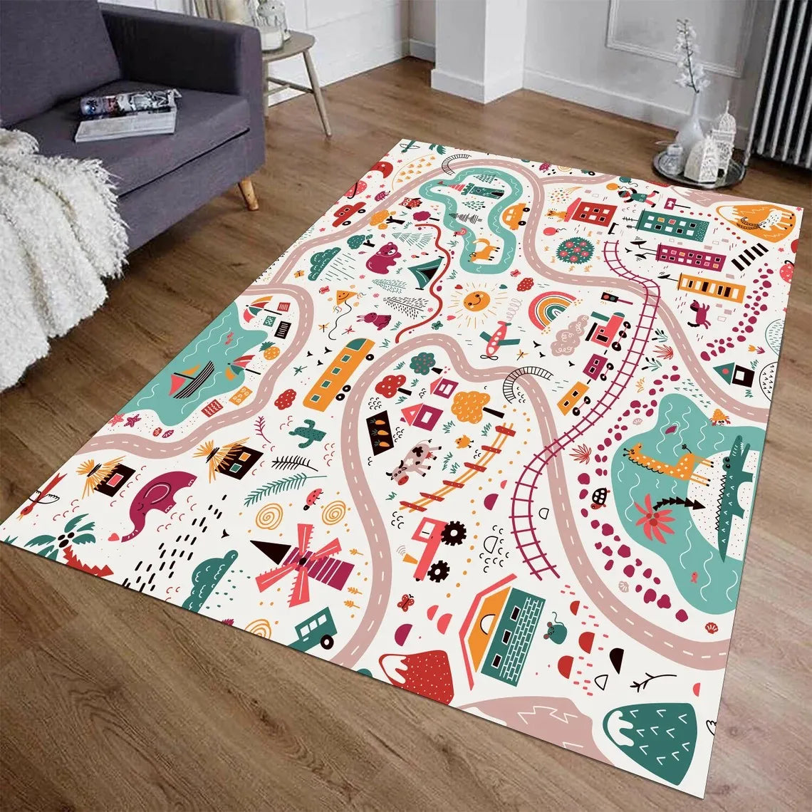 Car Play Mat for Boys and Girls Highway City Traffic-Themed Rugs for Kids Toy Cars Kids Rugs for Playroom Non-Slip Kids Play Rug