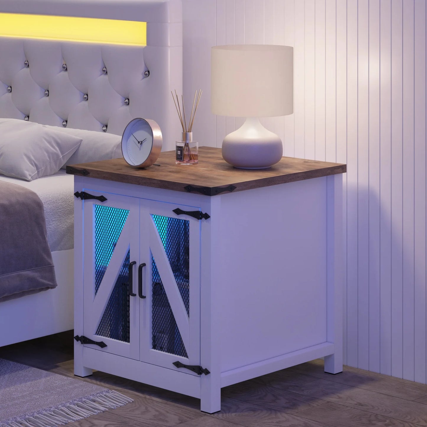 Bedside Table Farmhouse, Side Table Living Room with Charging Station & Adjustable Shelf, Smart Nightstand Organiser for Bedroom Living Room Office Use