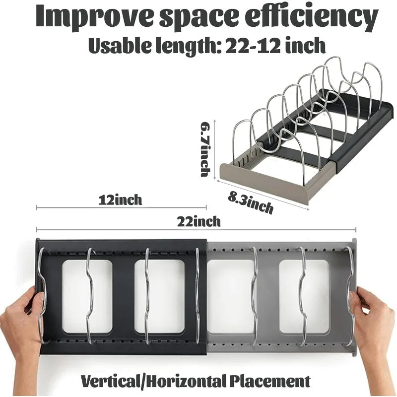 Expandable Pot & Pan Organiser Rack, Adjustable Under Sink Cabinet Lid Holder, Space Saving Kitchen Cookware Storage Organiser