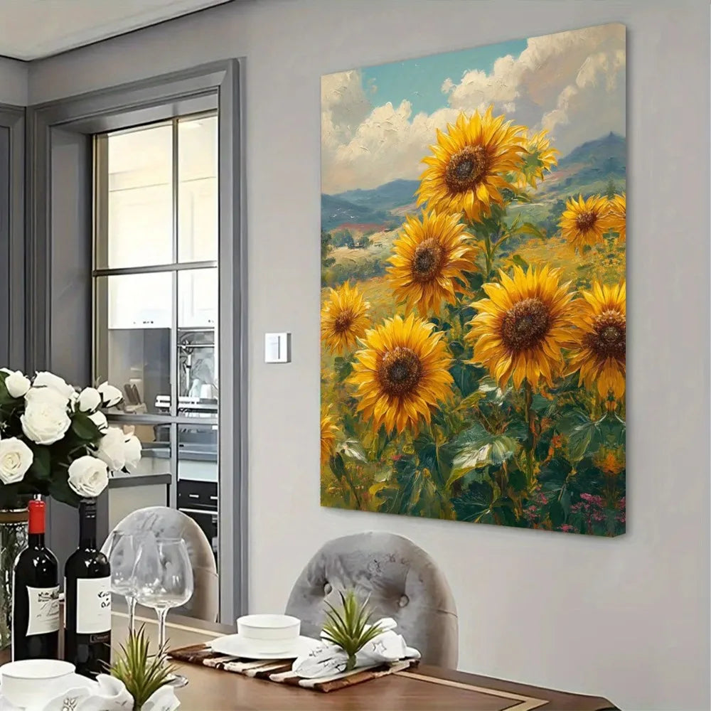 A sunflower canvas artwork, 16x24 inch, elegant framed poster, vertically decorated wall decorations, ready to hang