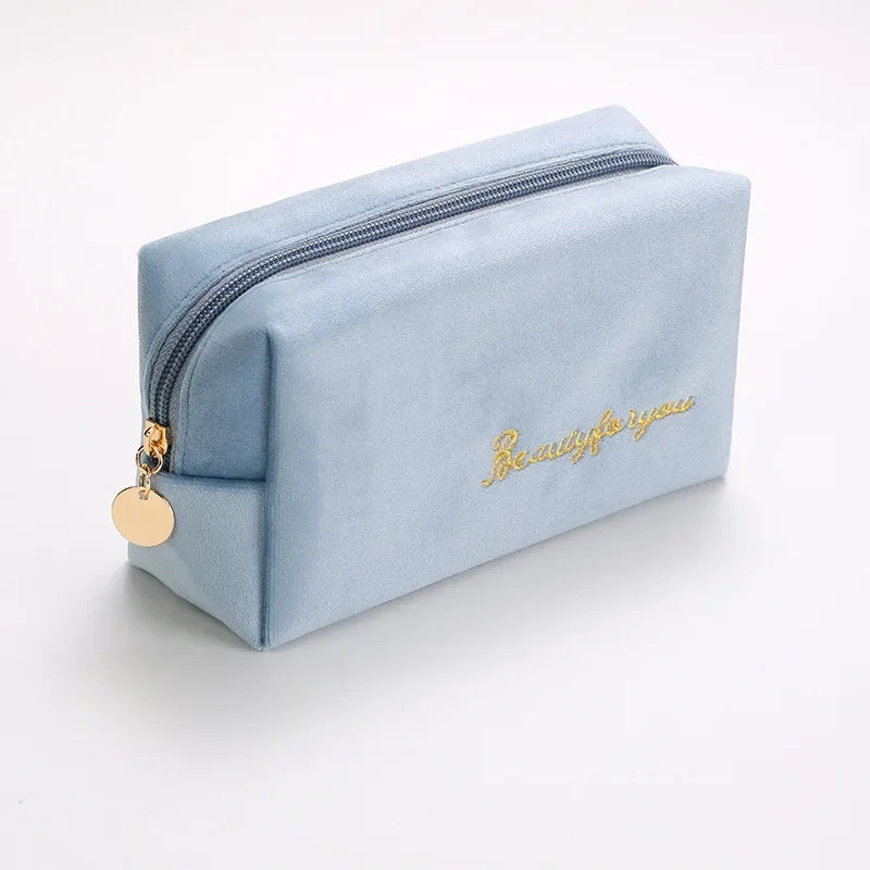 Plush Cosmetic Bag for Women – Large Zipper Makeup & Toiletry Travel Pouch, Solid Color Beauty Bag