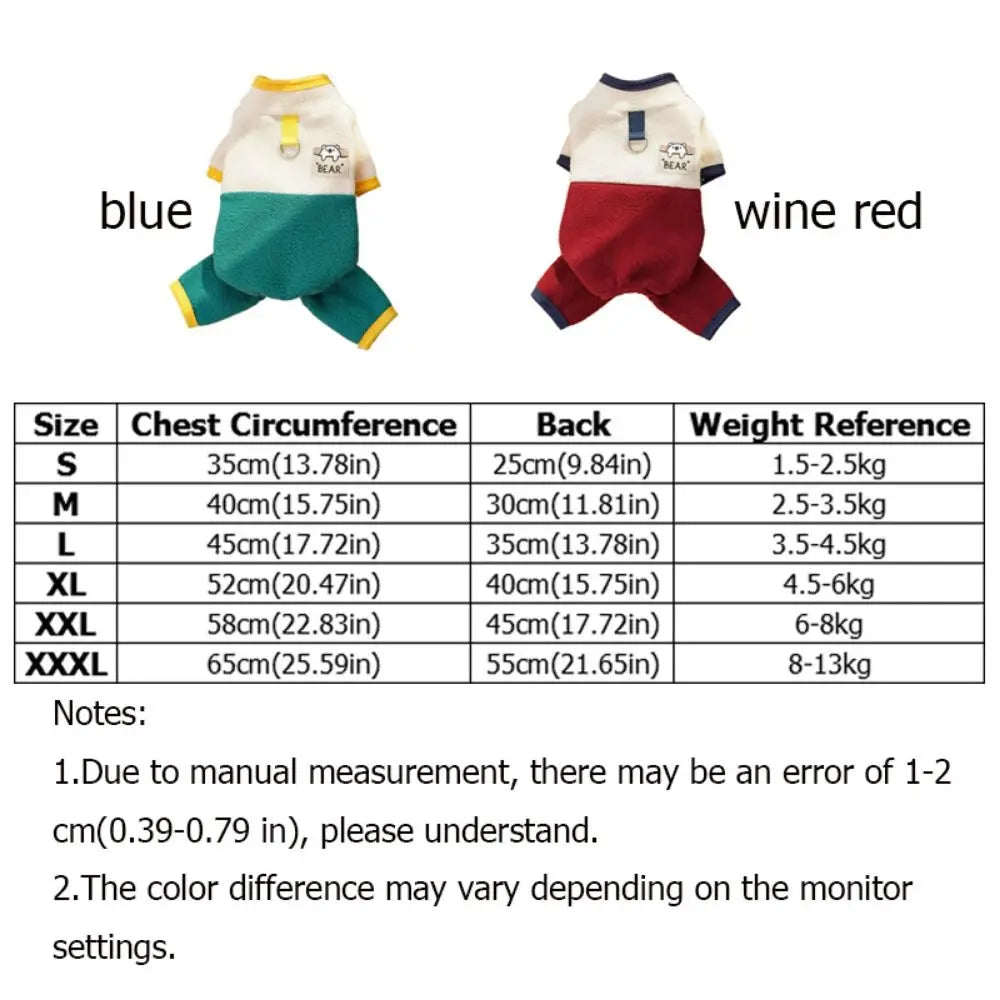 Warm Dog Jumpsuit – Polar Fleece Four-Legged Pants with Stand Collar, Cartoon Bear Pattern, D-Ring Puppy Harness Coat