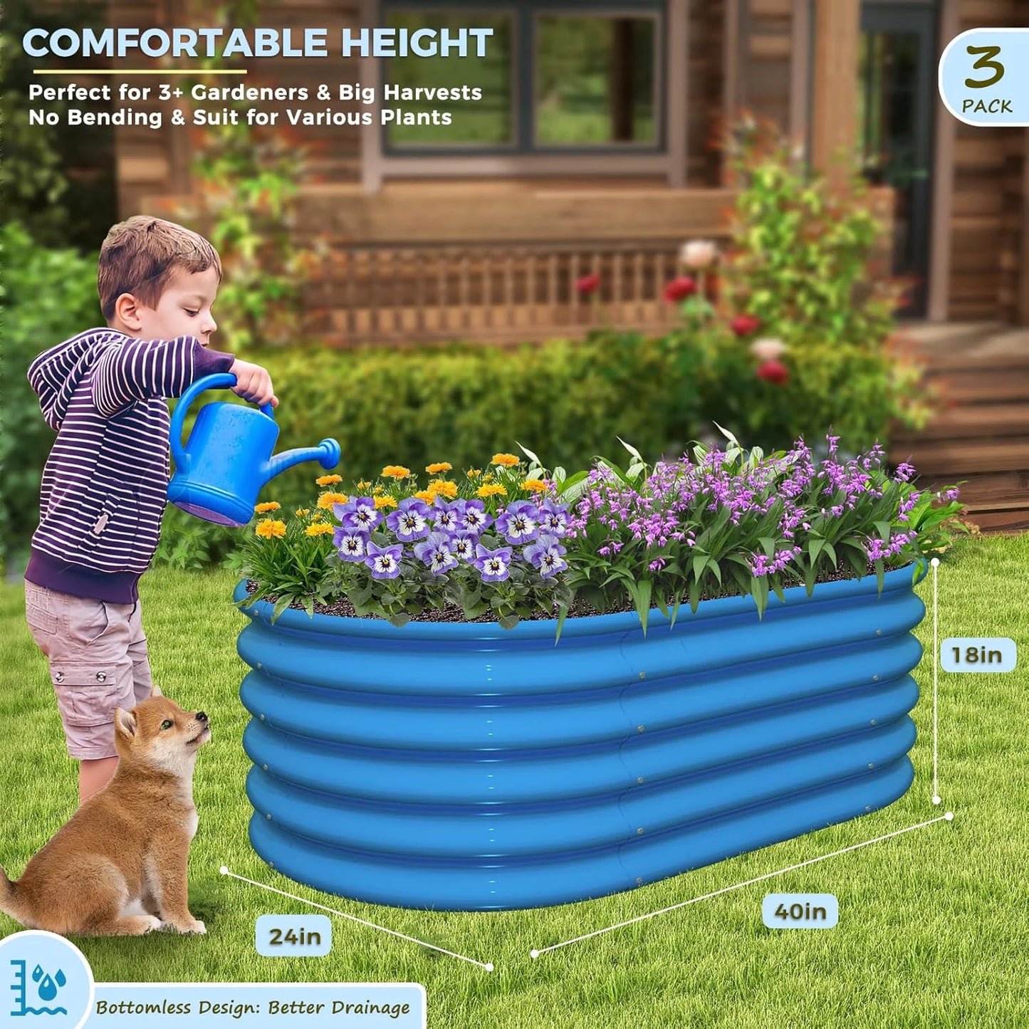 5-Pack 18in Tall Kids Raised Garden Beds Outdoor, 40x24in Oval & 24x24in Round Galvanized Metal Planter Box for Vegetable Flower