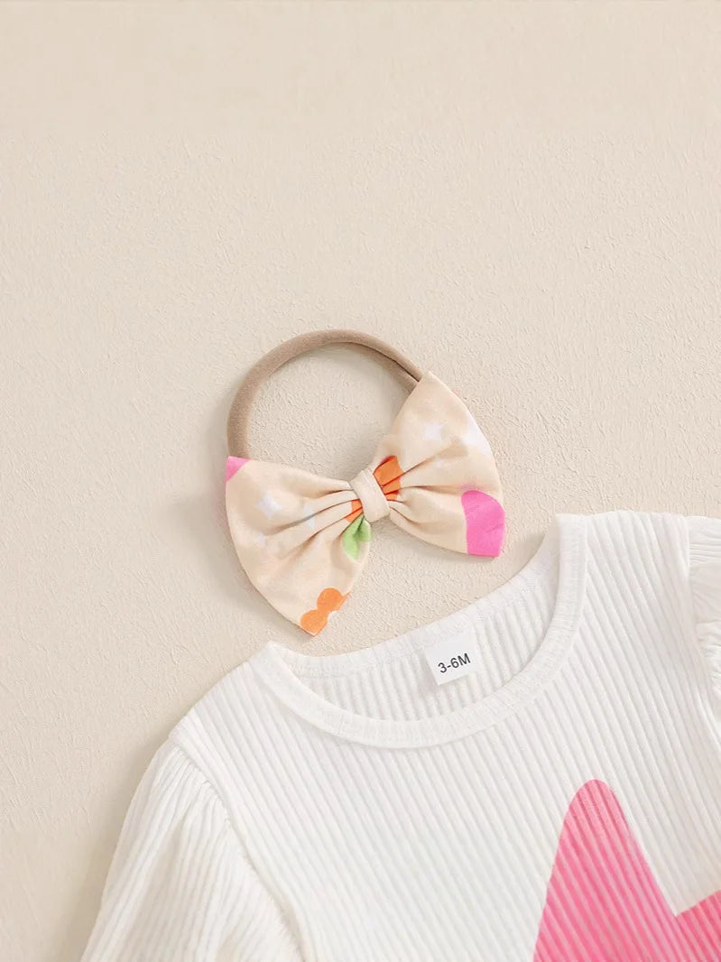 2025 New Set of Baby and Toddler Easter Bunny Print Pit Stripe Bubble Sleeves Flared Pants+headband Three Piece Set