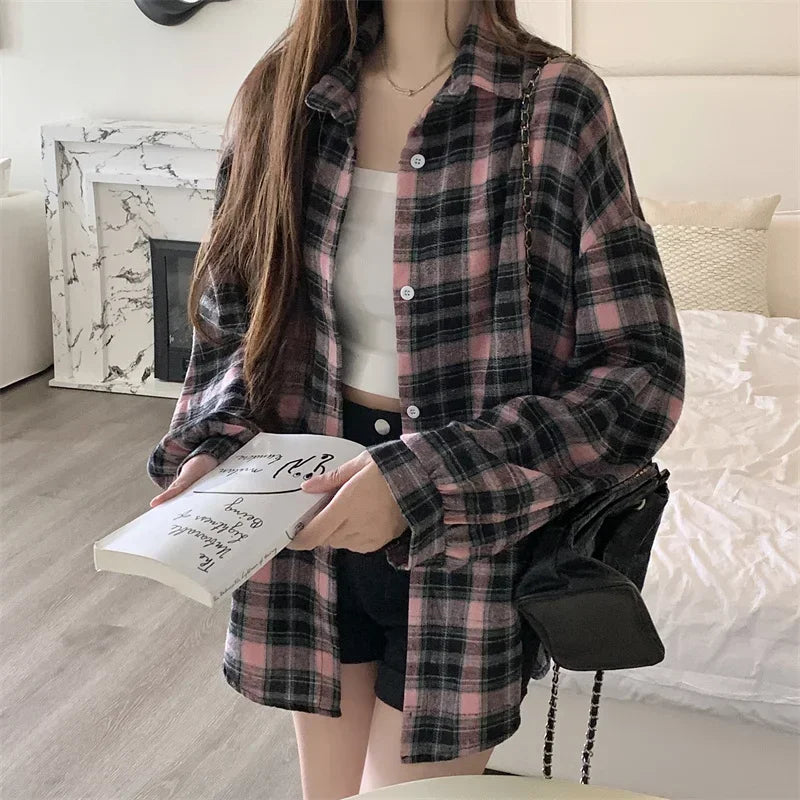 Long Sleeve Collared Button-Up Tartan Black Flannel Shirt