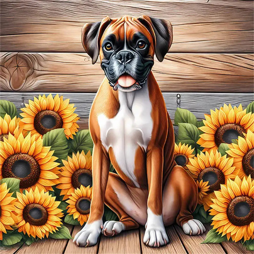 Huacan Diamond Mosaic Dog Animal Sunflower Flower Full Round Square Diamond Painting New Picture For Living Room Home Decoratio