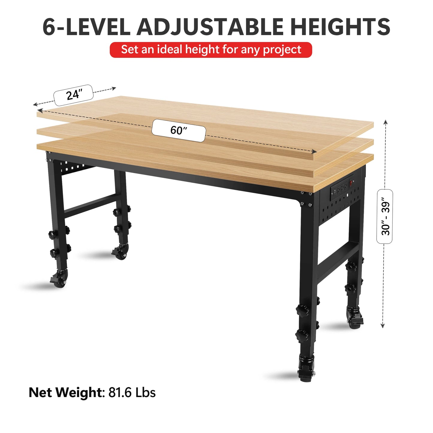 60" ×24'' Adjustable Workbench Rolling Heavy-Duty Worktable with Power Outlet and Wheels Large Load Capacity Rubber Wood Top