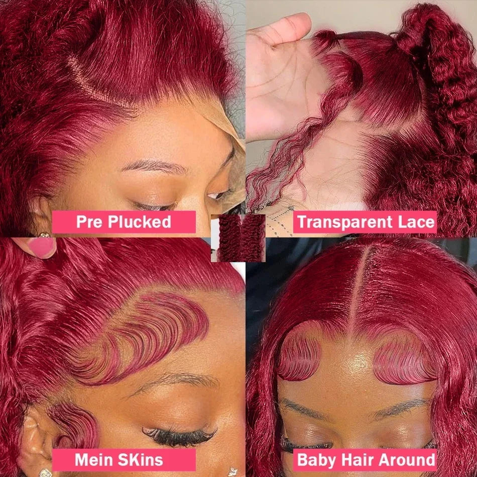 99J Burgundy Colored Curly Wig Transparent 13x6 Lace Frontal Human Hair Preplucked 13x4 HD Lace Frontal Deep Wave Wigs For Women