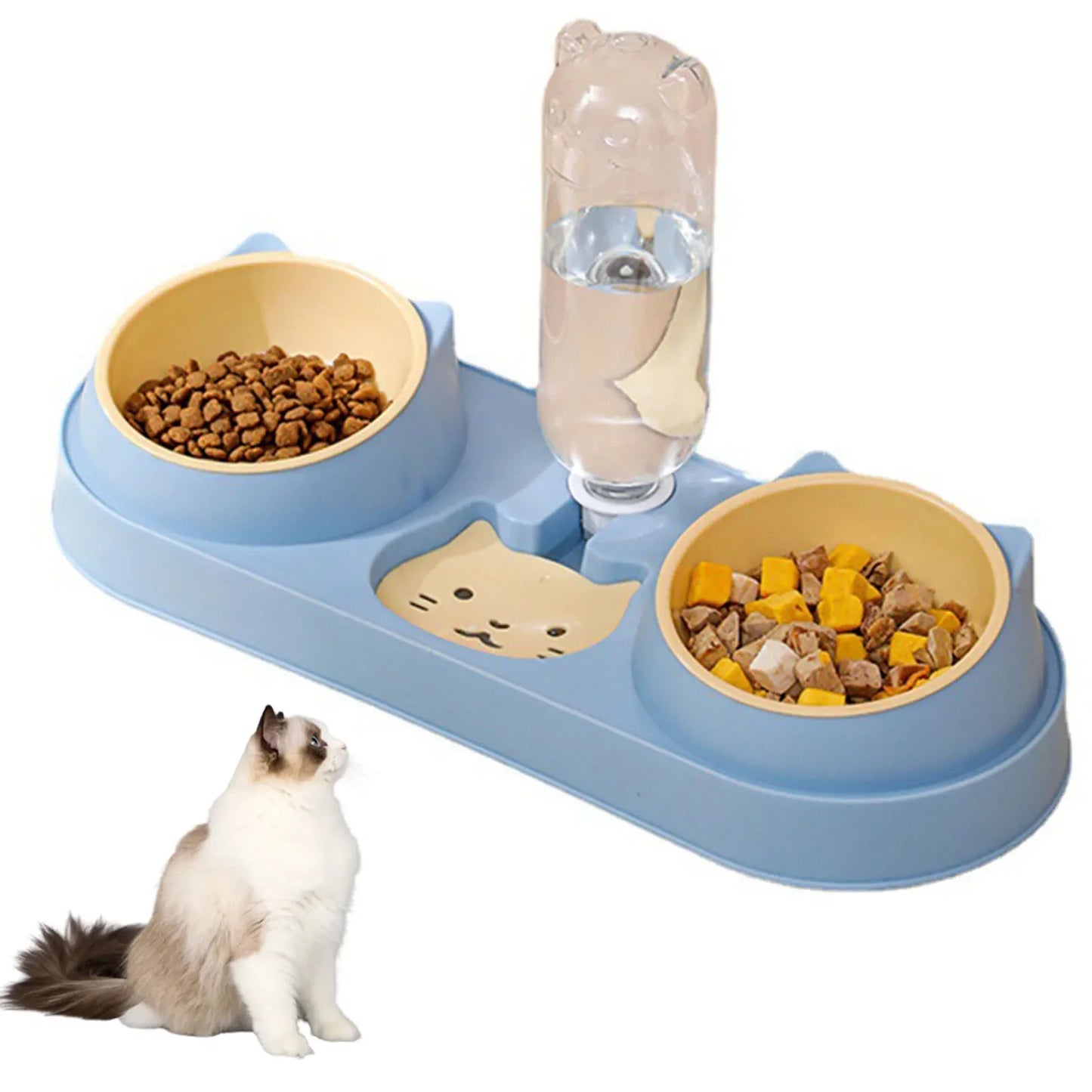 Automatic Double Bowl Feeder With Water Fountain Drinking Raised Stand
