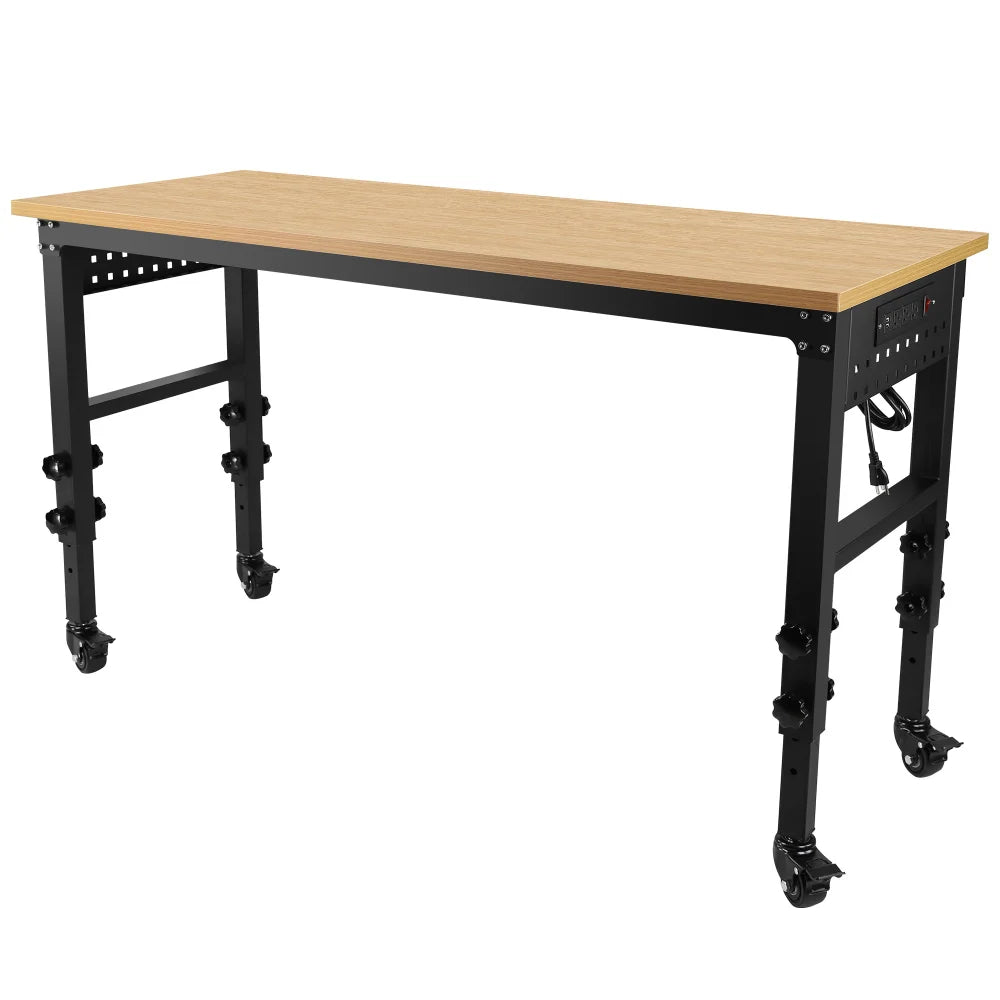 60" ×24'' Adjustable Workbench Rolling Heavy-Duty Worktable with Power Outlet and Wheels Large Load Capacity Rubber Wood Top