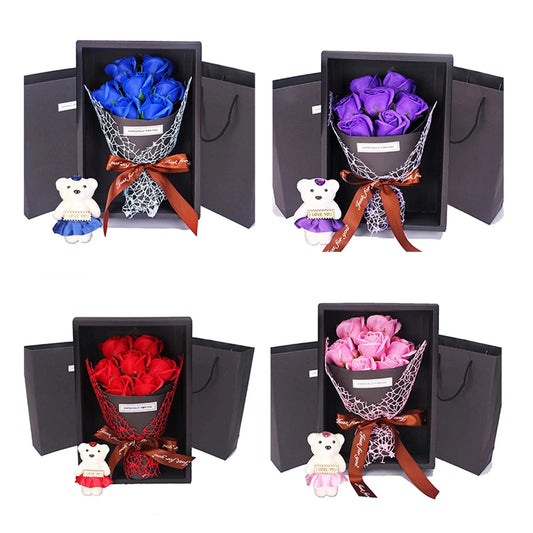 7 Heads Rose Artificial Bouquet Little Bear Gift Box Valentine's Day Handmade False Flower Bouquet Mother's Day Birthday Party G