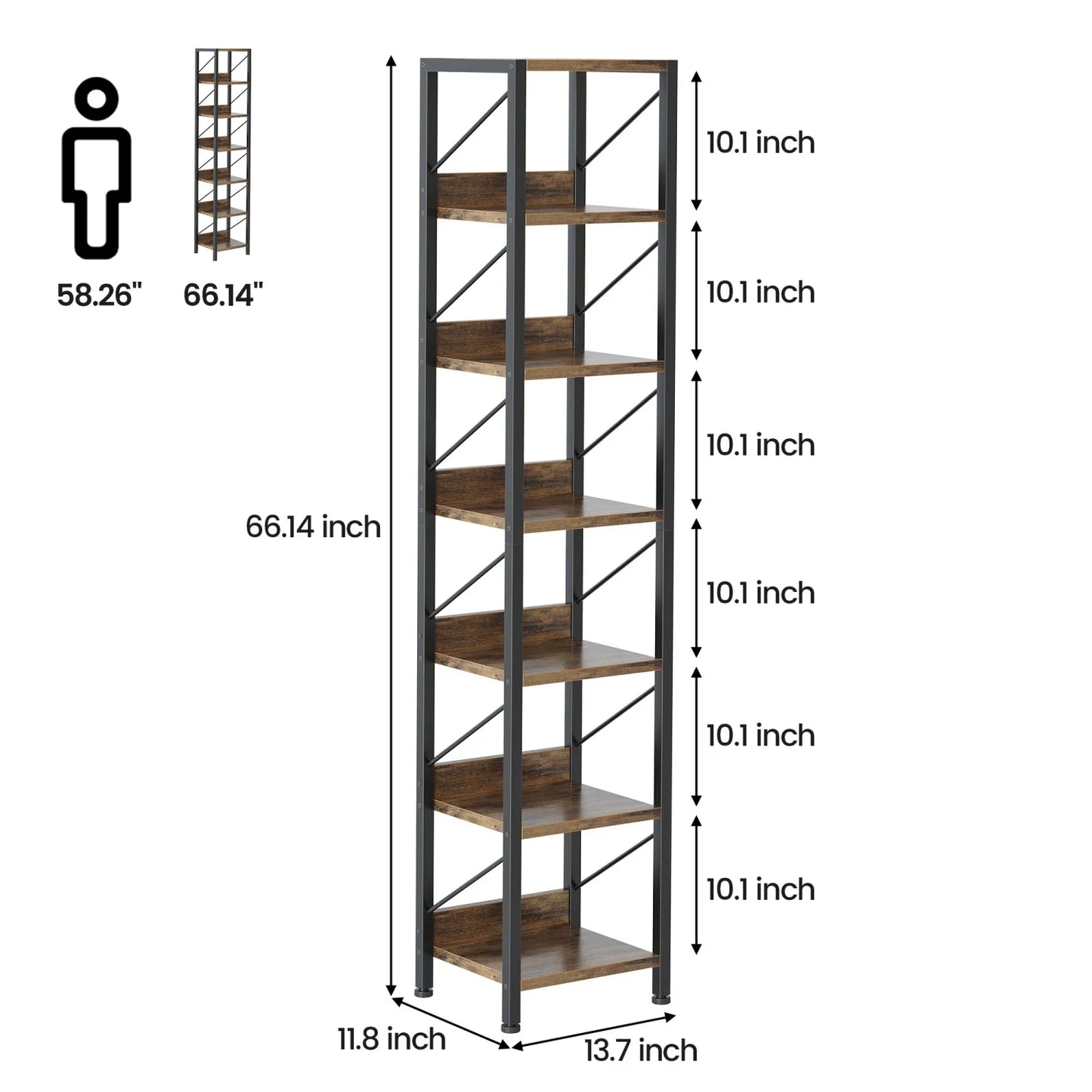 Bookshelf Narrow Bookcase Tall Skinny Storage Rack Shelf 6 Tier Industrial Bookshelf Display Racks for Home Office